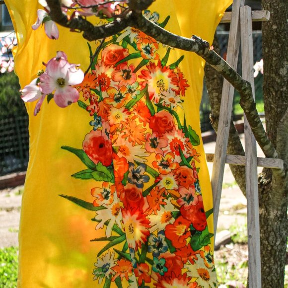 Yellow Screen Printed Chemise Aesthetic Mini Dress - Picture 12 of 13